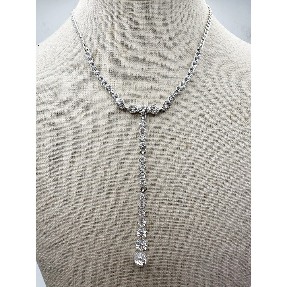 Signed Givenchy Crystal Necklace Y Drop Lavaliere Silver Tone 18”